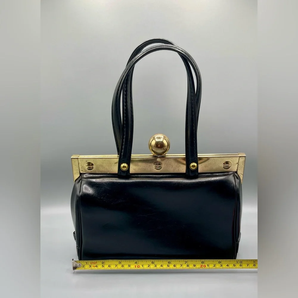 Vintage 1960s Faux Leather Handbag, Black, Ball Clasp, Framed, Art Deco